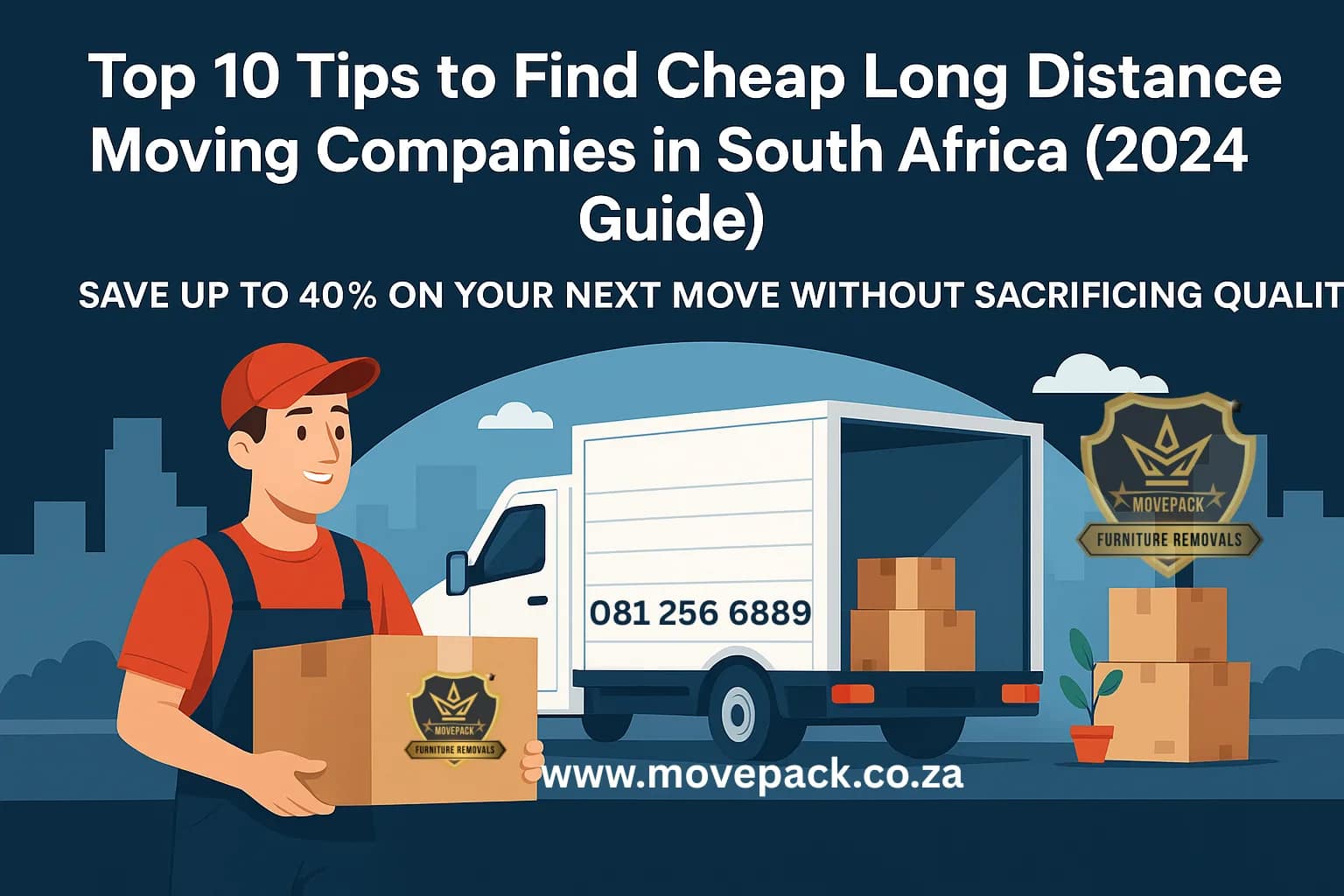 A professional mover carrying a box in front of a white moving truck, with a modern cityscape in the background, representing MovePack Furniture Removals' affordable long-distance moving services in South Africa.