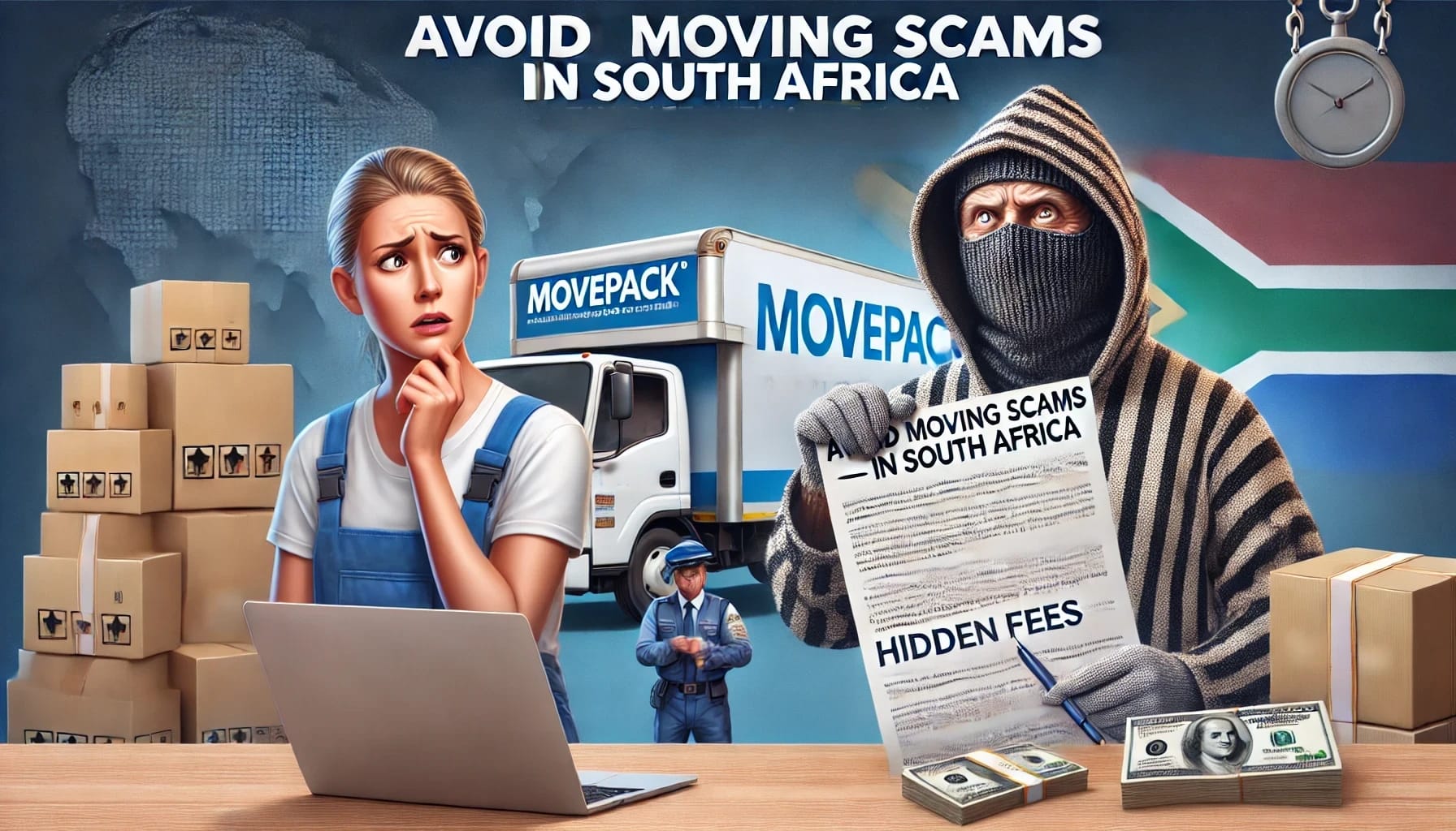 A worried homeowner stands near a moving truck as a suspicious mover demands extra payment. A contract with hidden fees is visible in the mover’s hand, symbolizing fraudulent moving practices. The scene highlights the risks of moving scams and emphasizes the importance of choosing a trusted removal service like MovePack. 🚚🔍